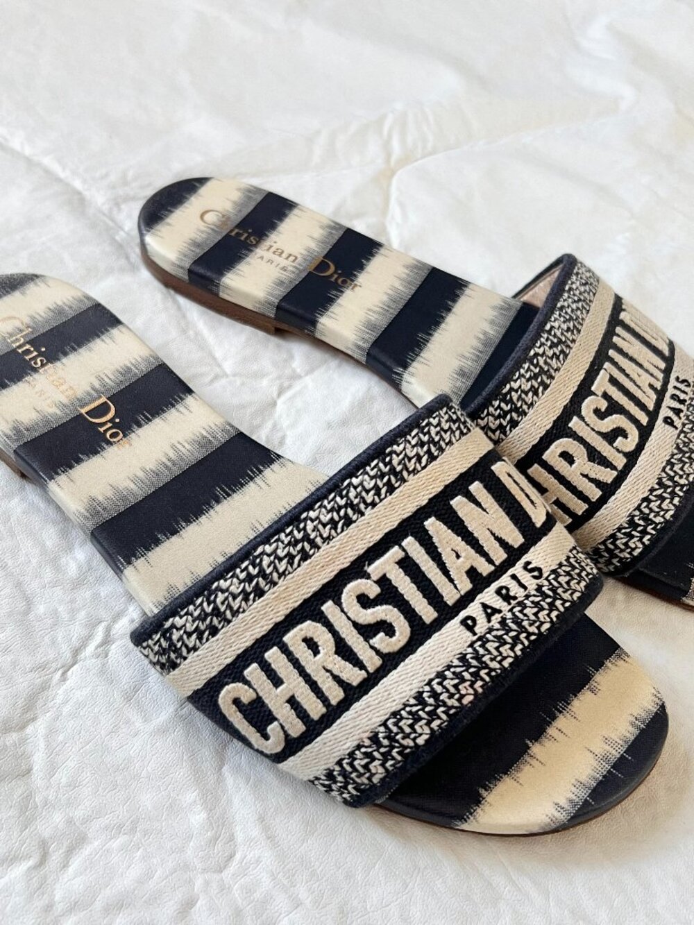 Christian Dior Dway slide sandal blue cream white stripes embroidered 37 7 flat